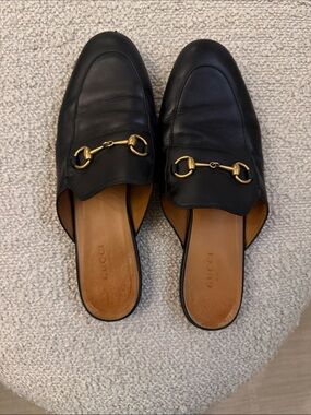 Gucci Black Leather Horsebit Mules with Gold Hardware